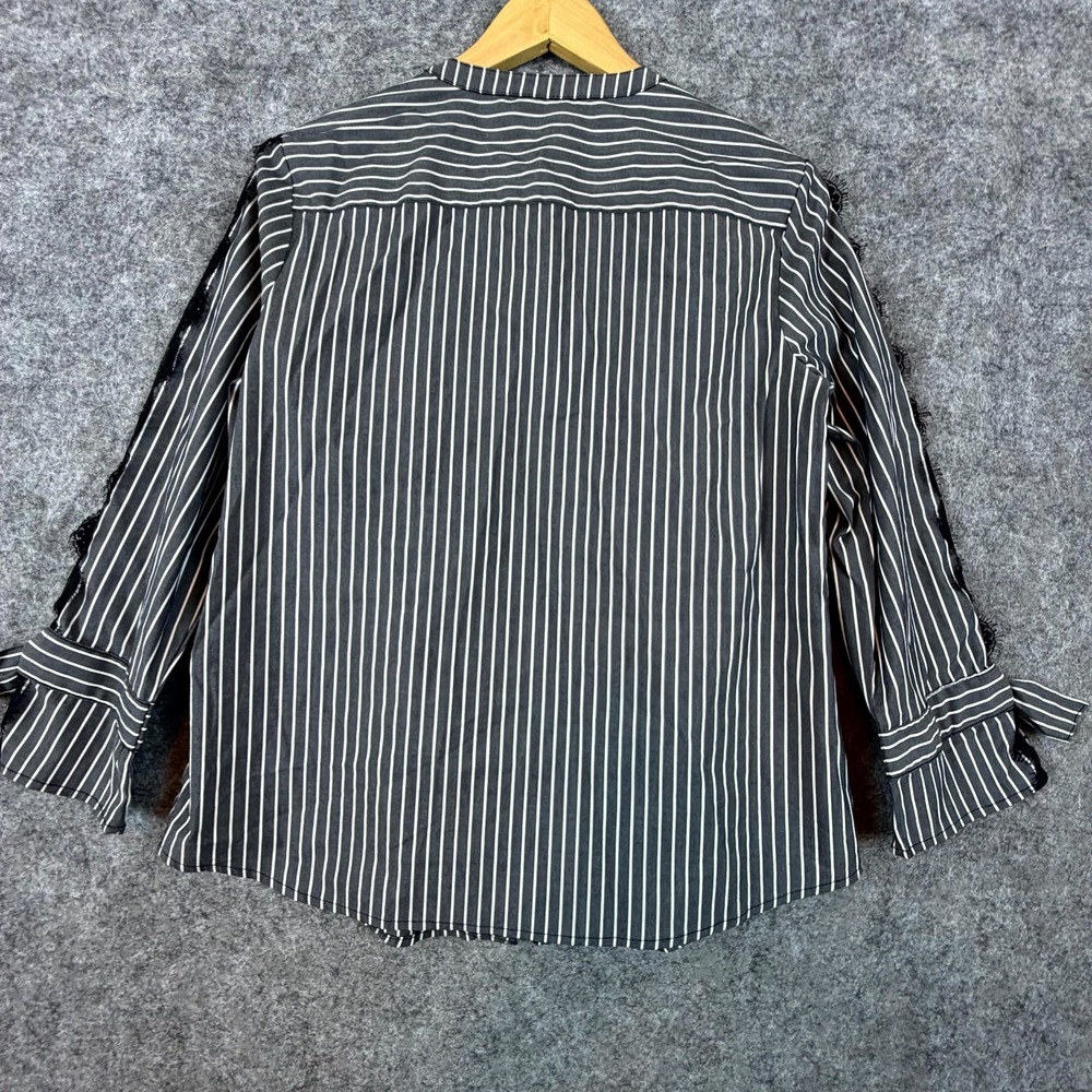 Anne Klein Blouse Womens Small Black White Office Goth Full Zip Lace Trim Bows - Picture 2 of 8